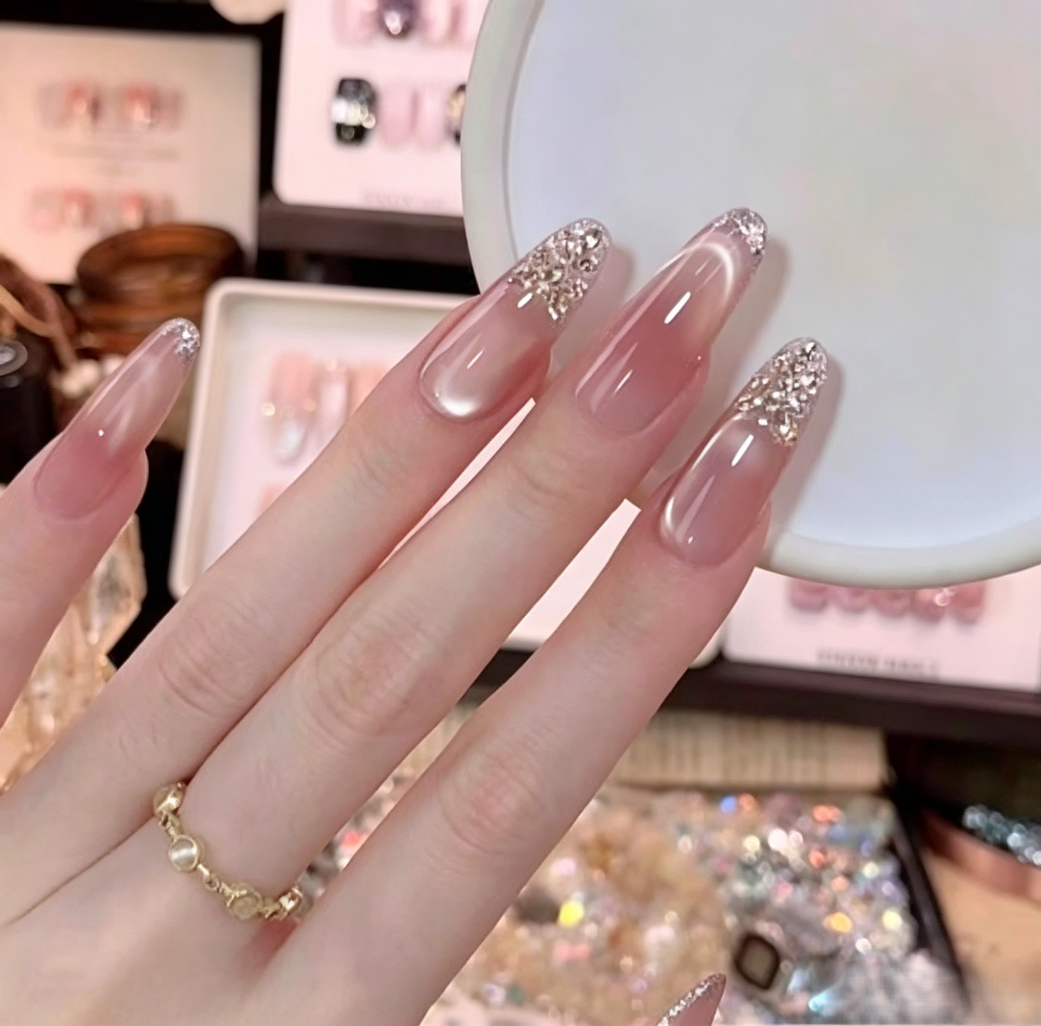 No Regrets Handmade Press On Nails Nude Clear Glass Pearl Luxury Transparent Skin-Friendly Premium False Nails.EP-0007