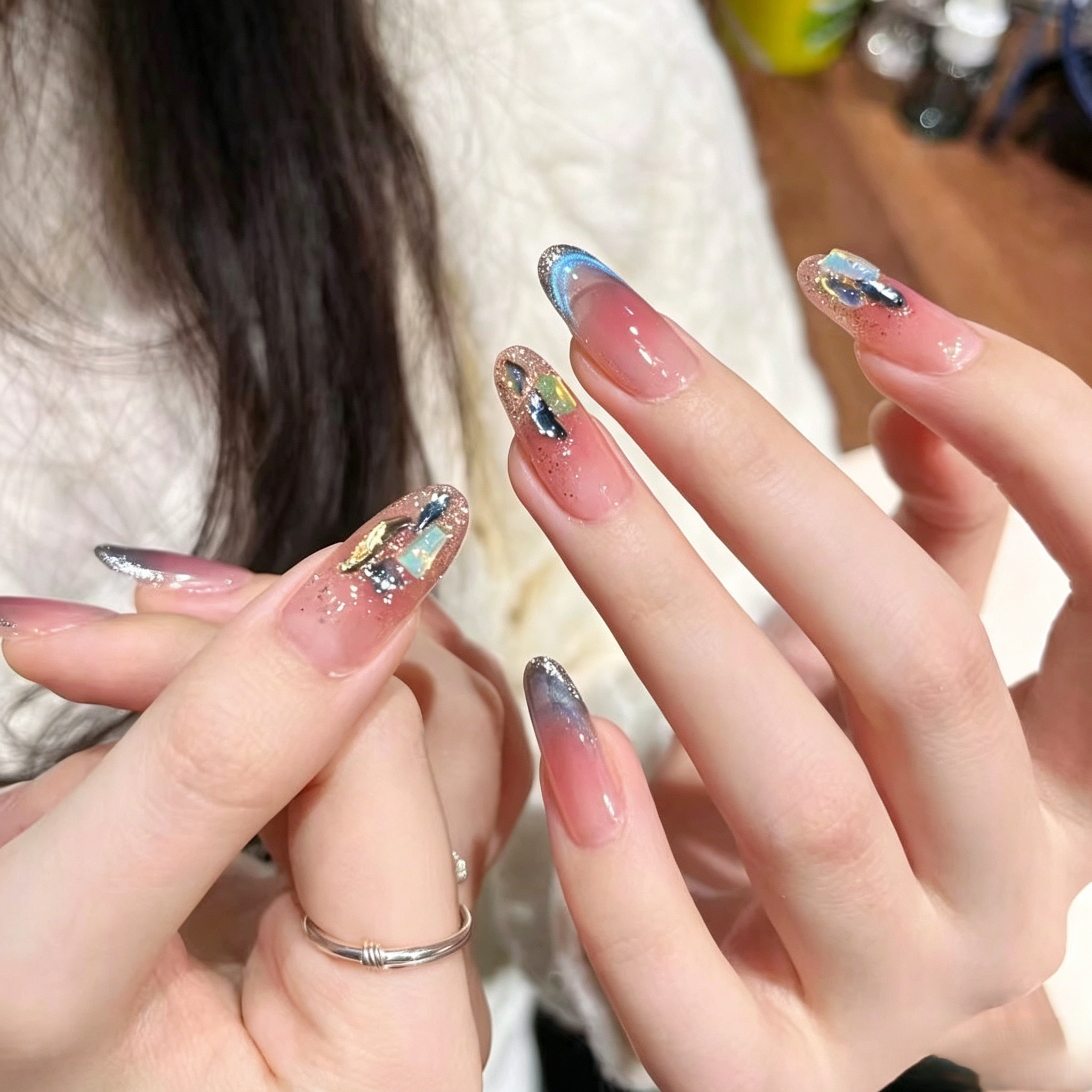 Sparkling Blue Cat Eye Press On Nails Rhinestone Long Bridal Wedding Handmade False Nails.EP-0011
