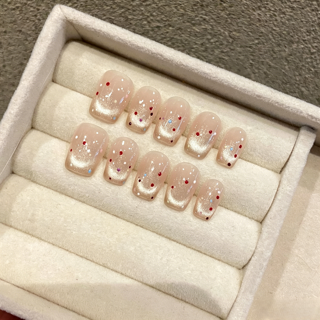 Sweet Pastry Retro French Polka Dot Silk Cat Eye Short Handmade Press On Nails.EP-0010