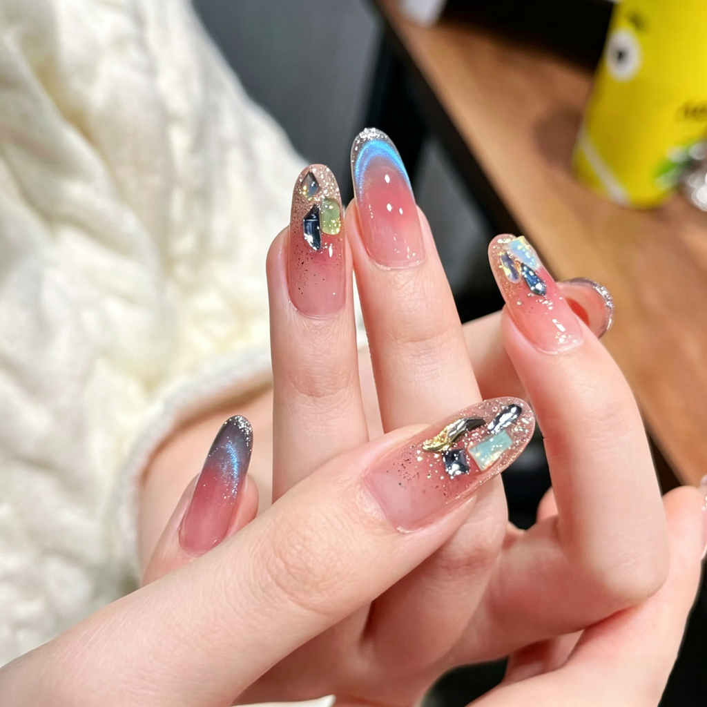Sparkling Blue Cat Eye Press On Nails Rhinestone Long Bridal Wedding Handmade False Nails.EP-0011