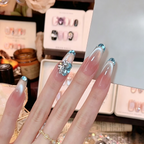 Blue Dopamine Handmade Press On Nails Ice Clear Blue Diamond Cat Eye Nail Art.EP-0009