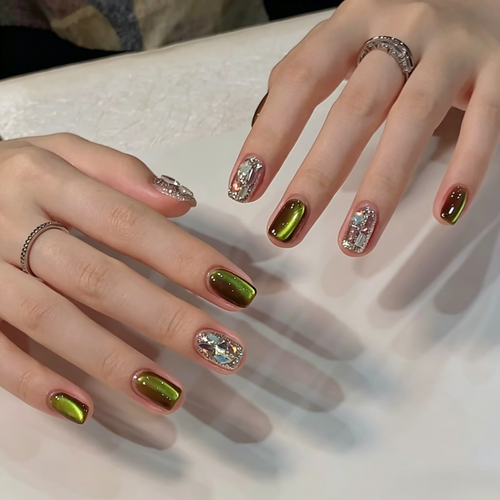 Jade Galaxy Luxury Glass Bead Cat Eye Short Press On Nails.EP-0008