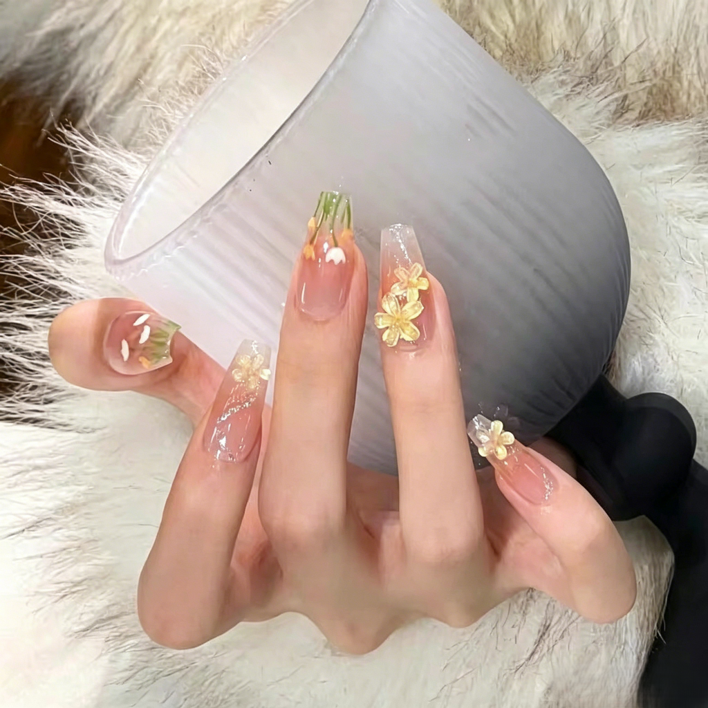 Tulip Hand Painted Yellow Floral Reusable Handmade Press On Nails.EP-0015