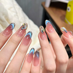 Sparkling Blue Cat Eye Press On Nails Rhinestone Long Bridal Wedding Handmade False Nails.EP-0011