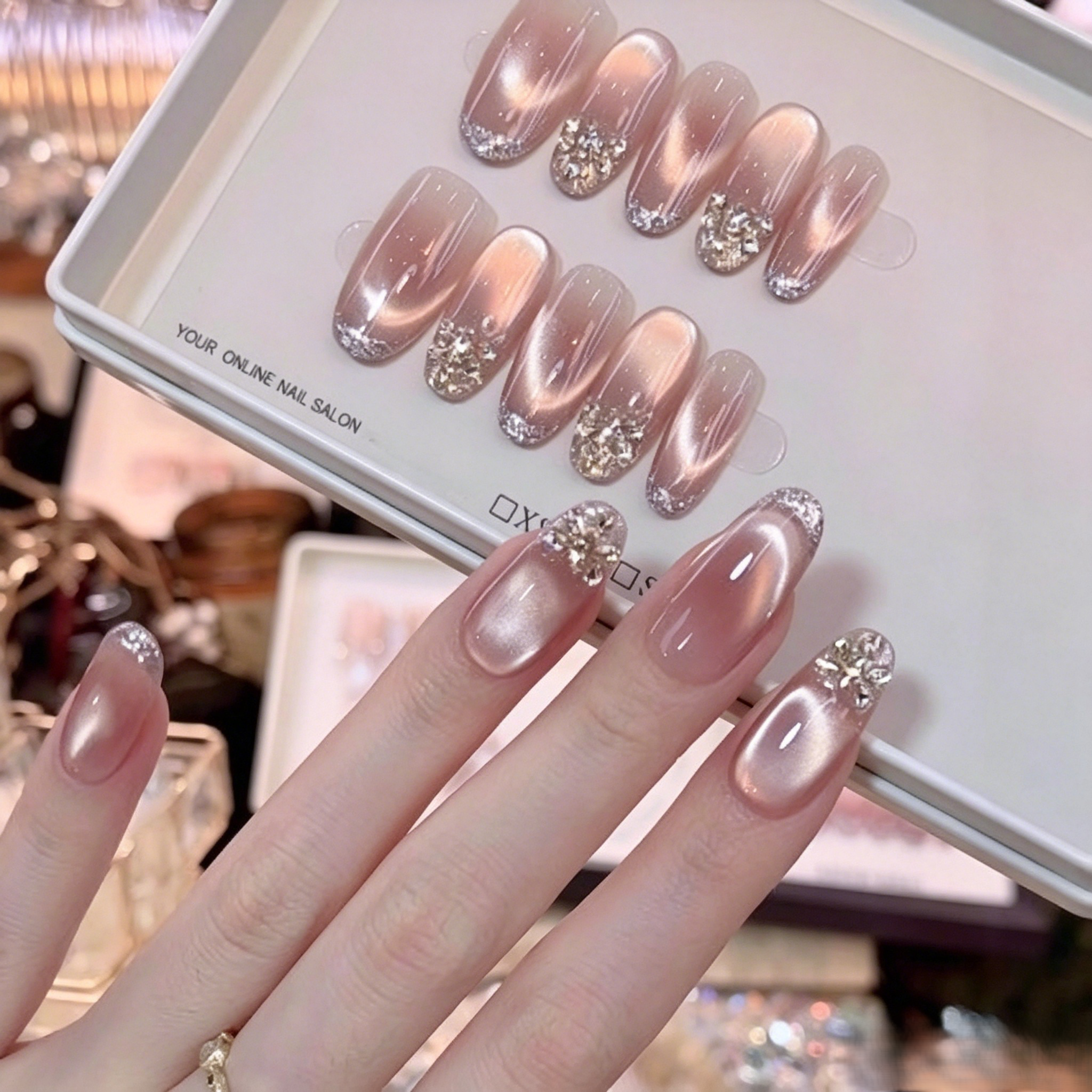 No Regrets Handmade Press On Nails Nude Clear Glass Pearl Luxury Transparent Skin-Friendly Premium False Nails.EP-0007