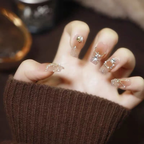 Maillard Aesthetic Press On Nails, Glitter Ombre French Nails with Rhinestones, Beads & Chain Details.EP-0003