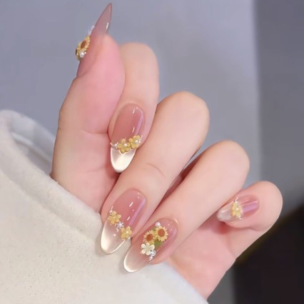 Oriental Floral Nude Press On Nails, Luxury Long Nails with Gold Zircon, Elegant Chinese Style Nail Art.EP-0001