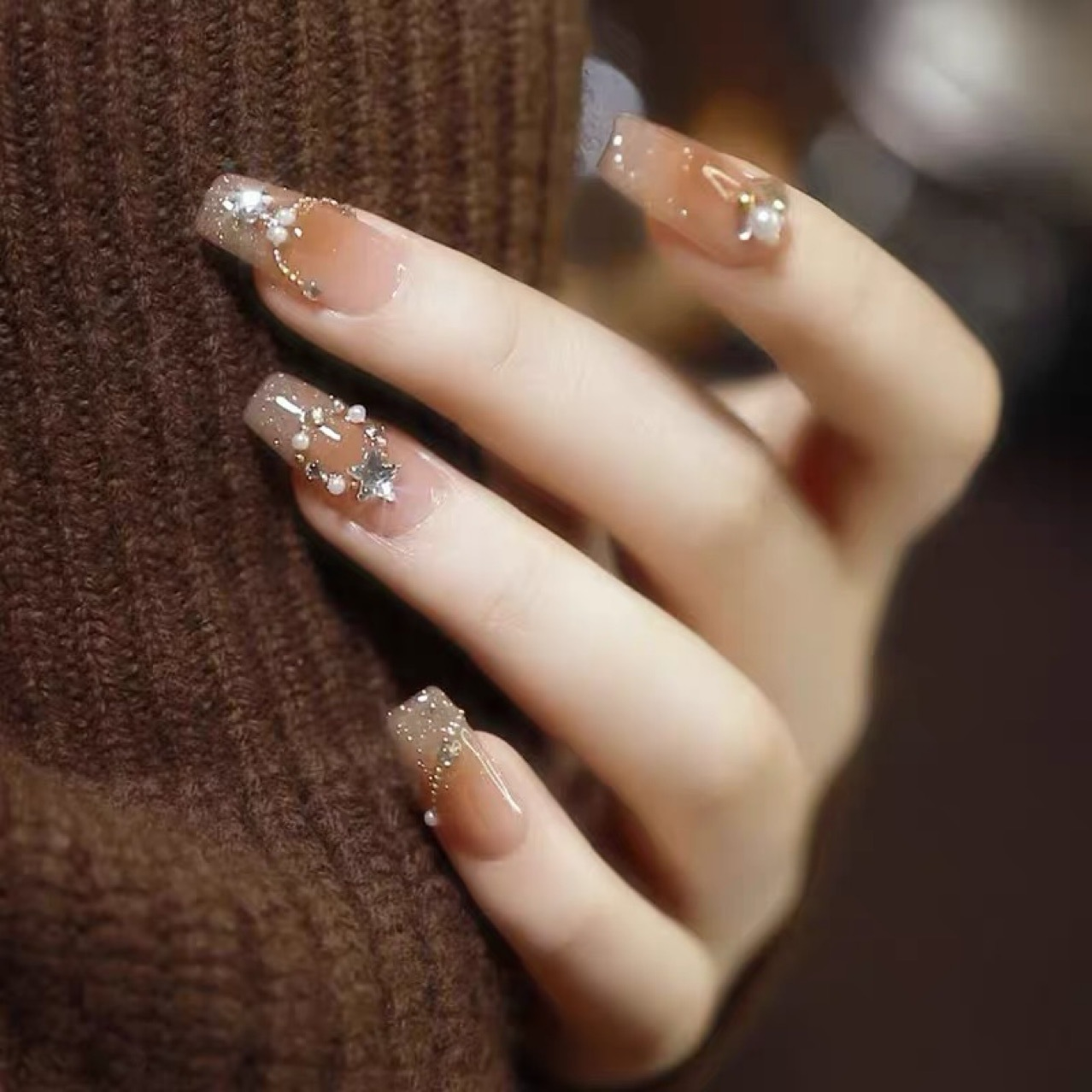 Maillard Aesthetic Press On Nails, Glitter Ombre French Nails with Rhinestones, Beads & Chain Details.EP-0003
