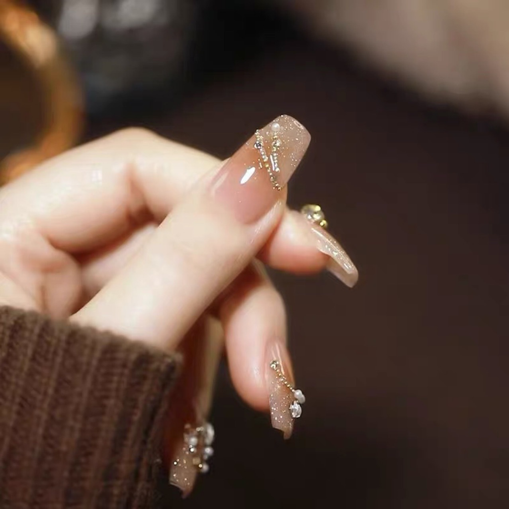 Maillard Aesthetic Press On Nails, Glitter Ombre French Nails with Rhinestones, Beads & Chain Details.EP-0003