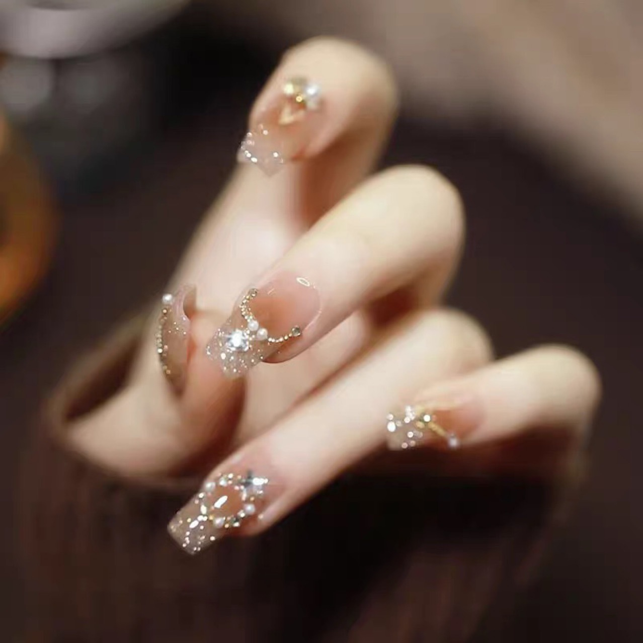 Maillard Aesthetic Press On Nails, Glitter Ombre French Nails with Rhinestones, Beads & Chain Details.EP-0003