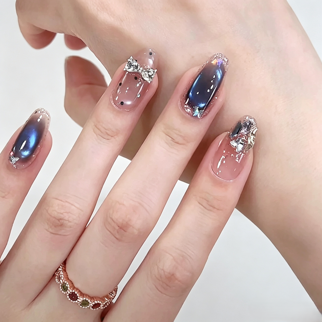 Blue Cat Eye Press On Nails with Bow | Handmade Luxury Gel Set