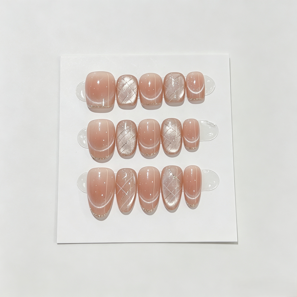 Nude Blush Cat Eye French Tip Press On Nails | Minimalist Handmade Set