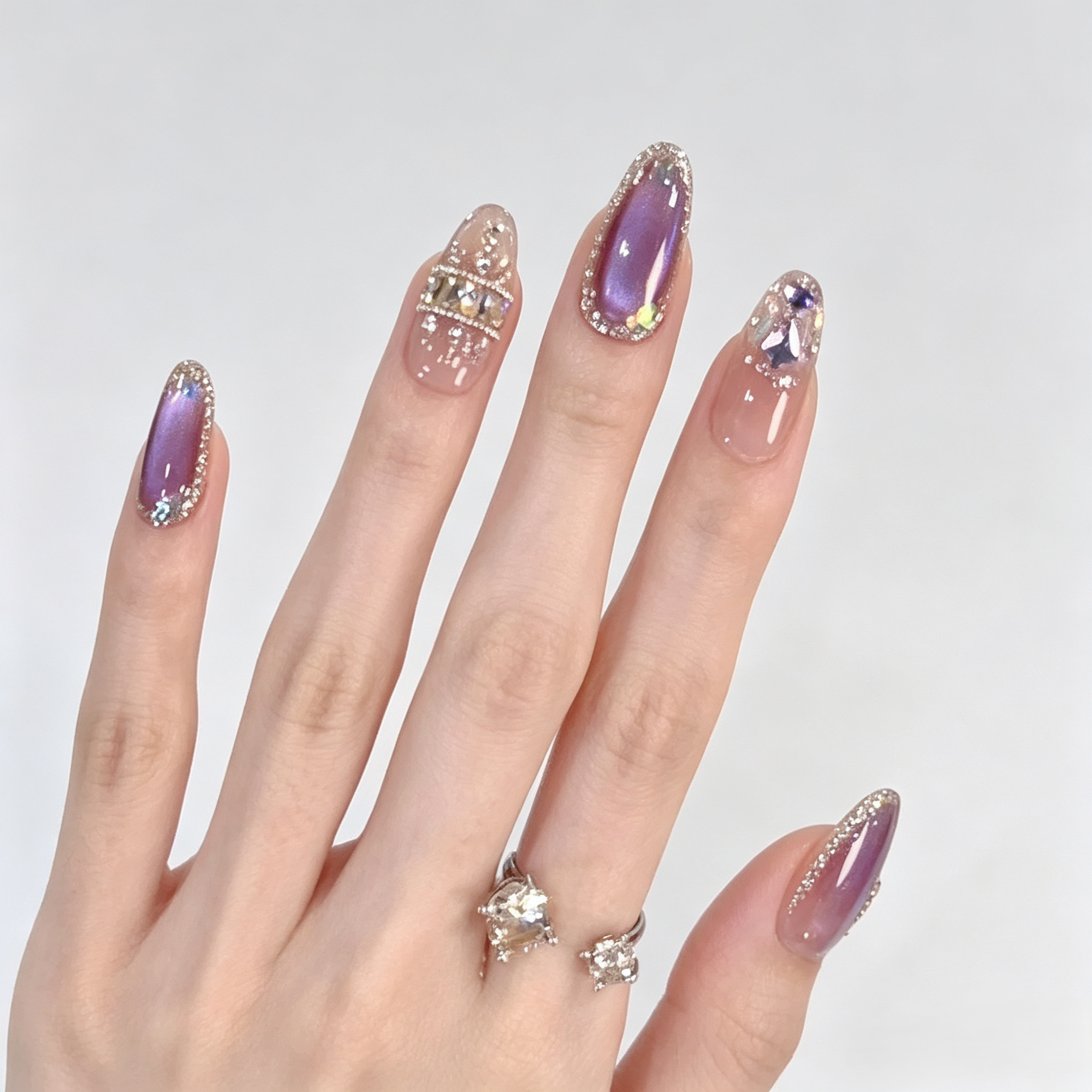 Purple Cat Eye Press On Nails | Handmade Couture Luxury Set