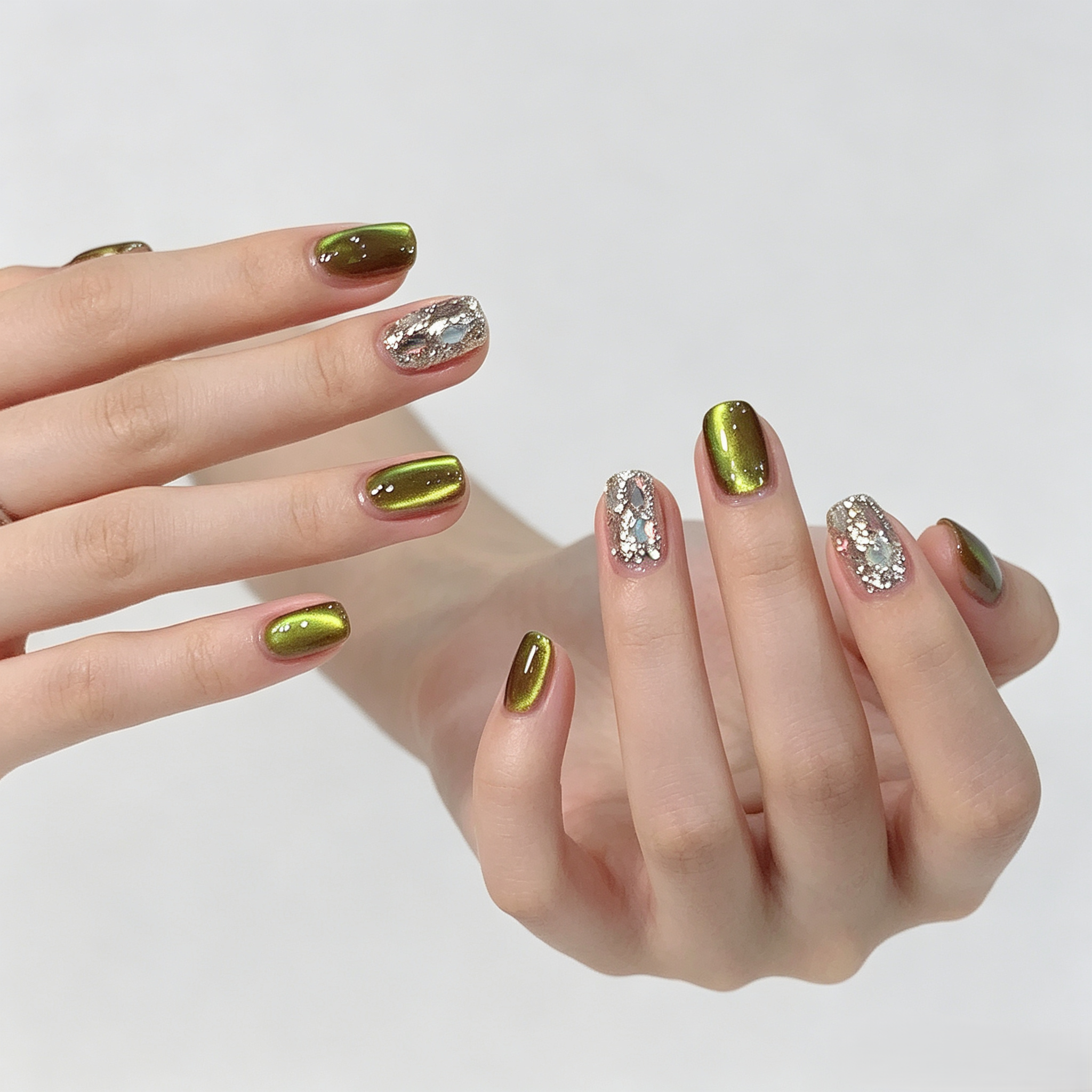Jade Green Cat Eye Press On Nails | Handmade Luxury Short Set