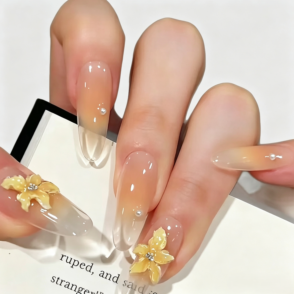 Butter Yellow 3D Floral Press On Nails | Handmade Luxury Set