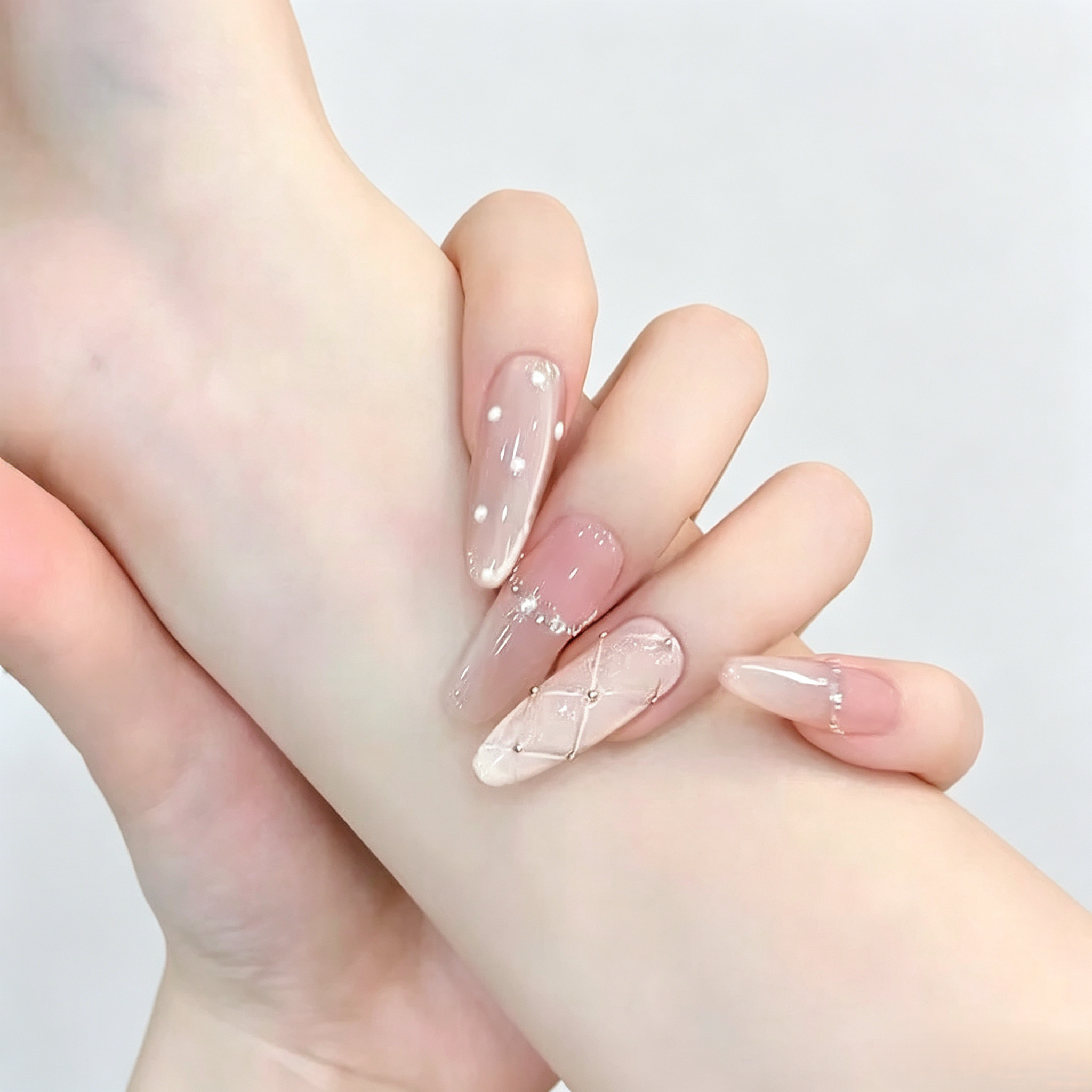 Icy Sheer Cat Eye French Tip Press On Nails | Sparkle Polka Dot Set