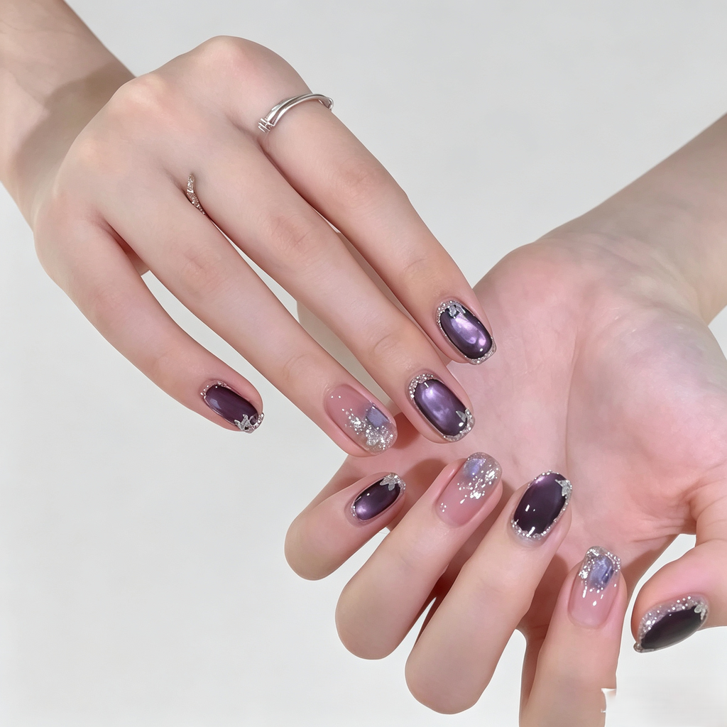 Purple Sparkle Cat Eye Press On Nails | Handmade Chrome Glitter Set