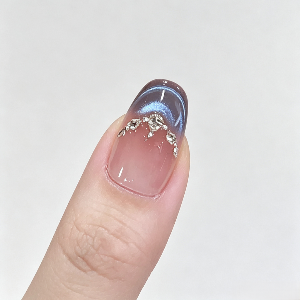 Blue Cat Eye Press On Nails with Bow | Handmade Luxury Gel Set