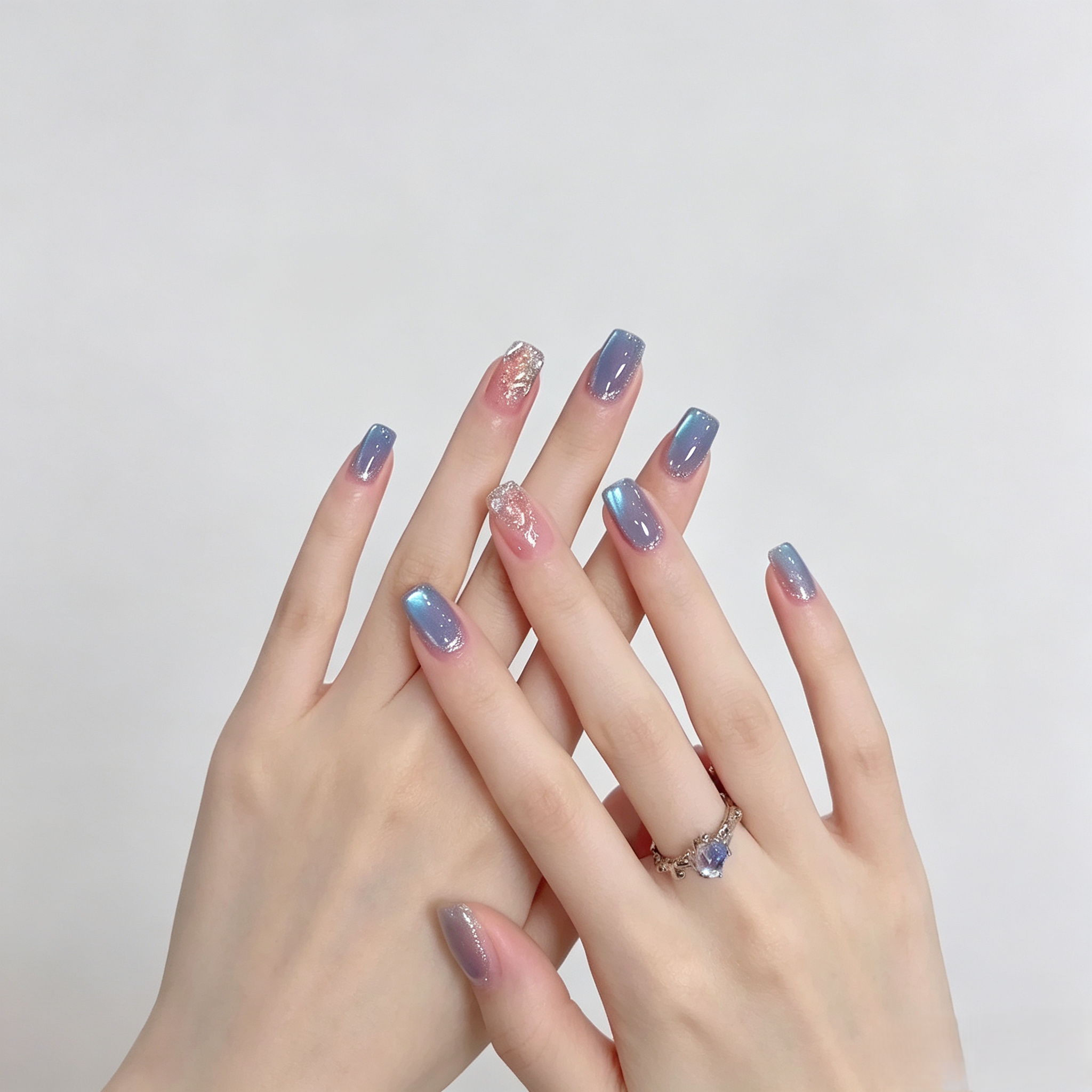 Icy Blue Cat Eye Press On Nails | Handmade Short Shimmer Set