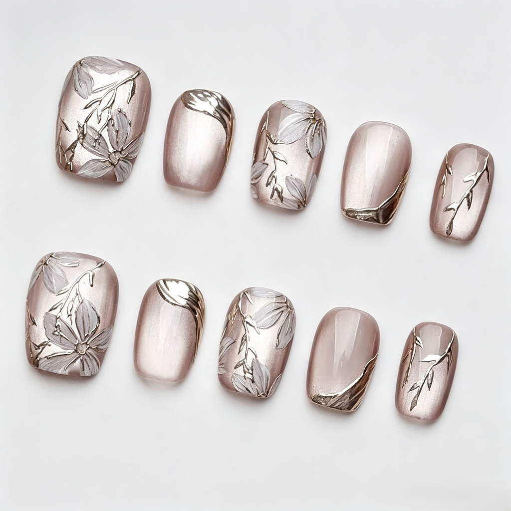 Gold Rose Cat Eye Press On Nails | Ice Crystal 3D Hand-Painted Set