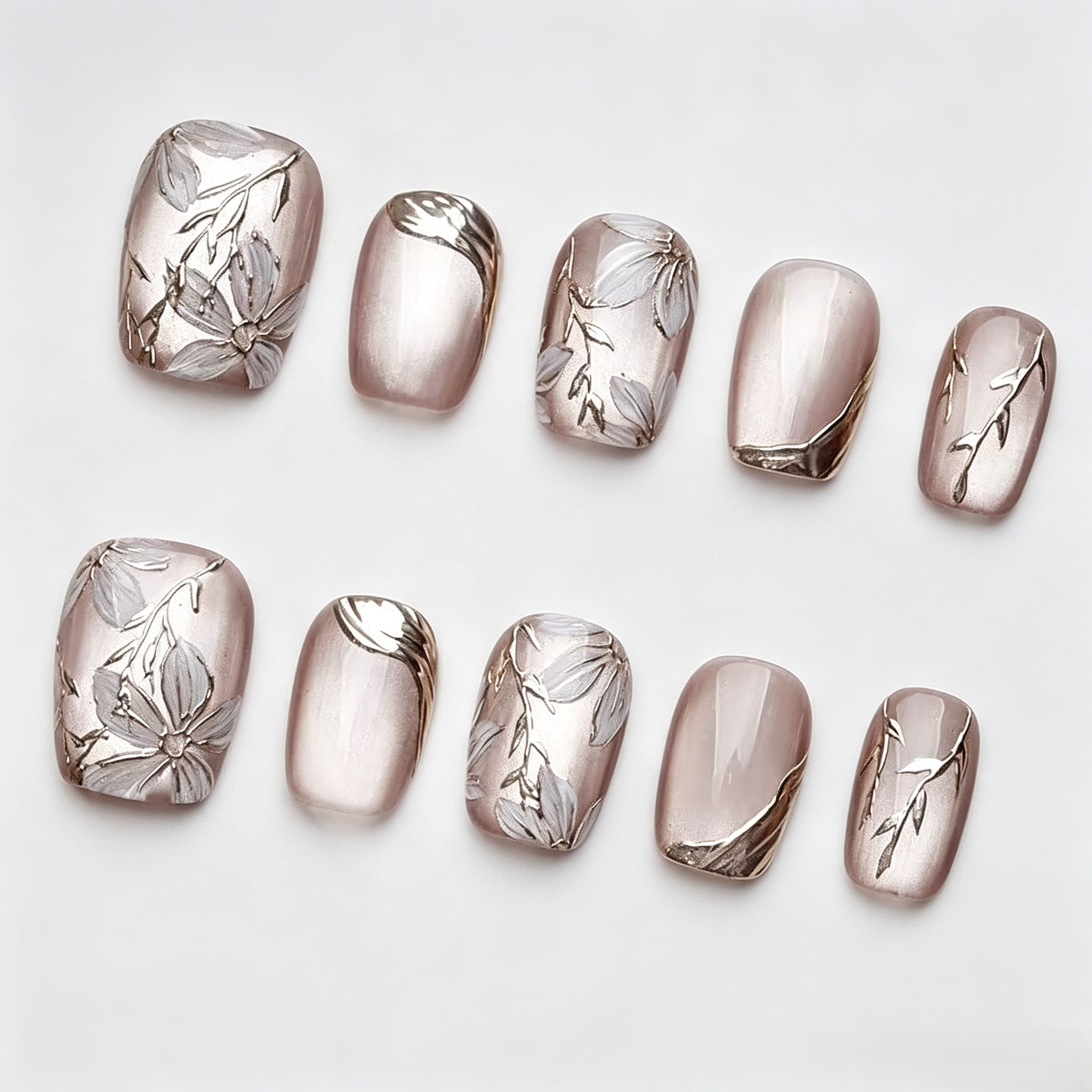 Gold Rose Cat Eye Press On Nails | Ice Crystal 3D Hand-Painted Set