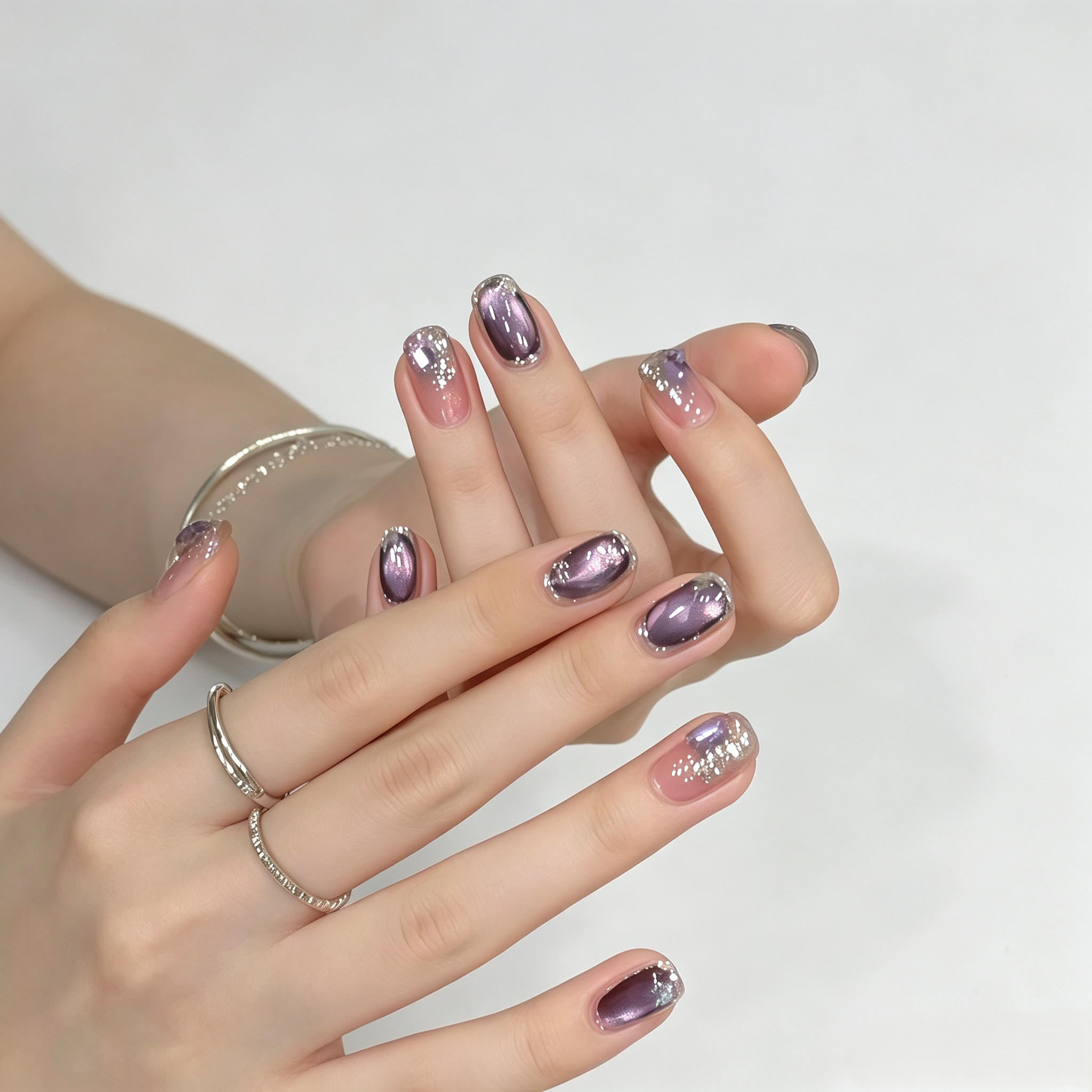 Purple Sparkle Cat Eye Press On Nails | Handmade Chrome Glitter Set