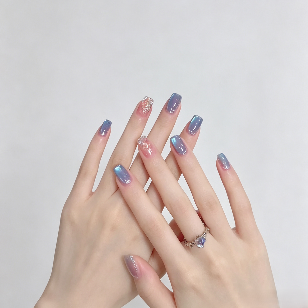 Icy Blue Cat Eye Press On Nails | Handmade Short Shimmer Set