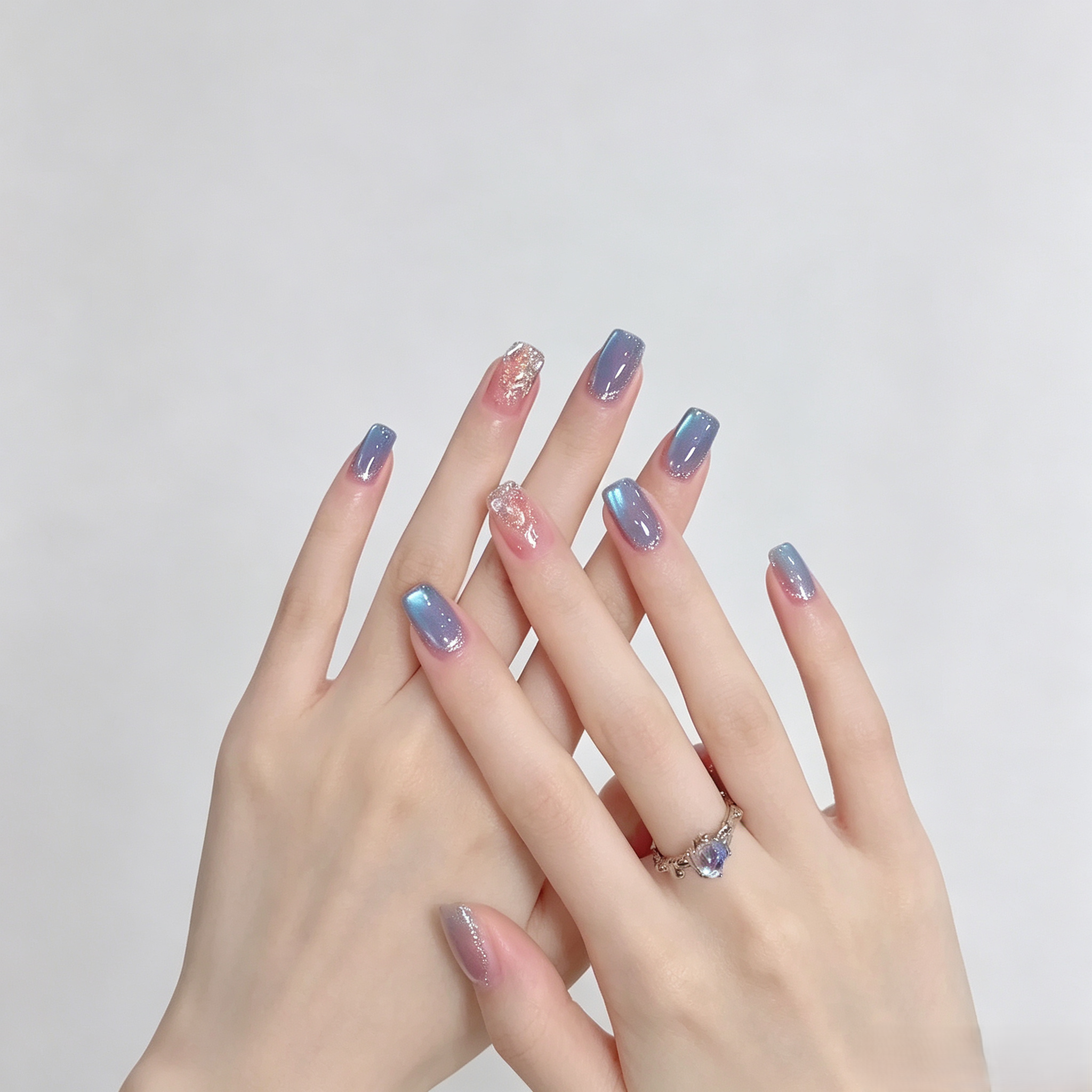 Icy Blue Cat Eye Press On Nails | Handmade Short Shimmer Set