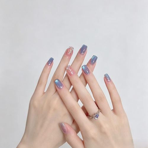 Icy Blue Cat Eye Press On Nails | Handmade Short Shimmer Set