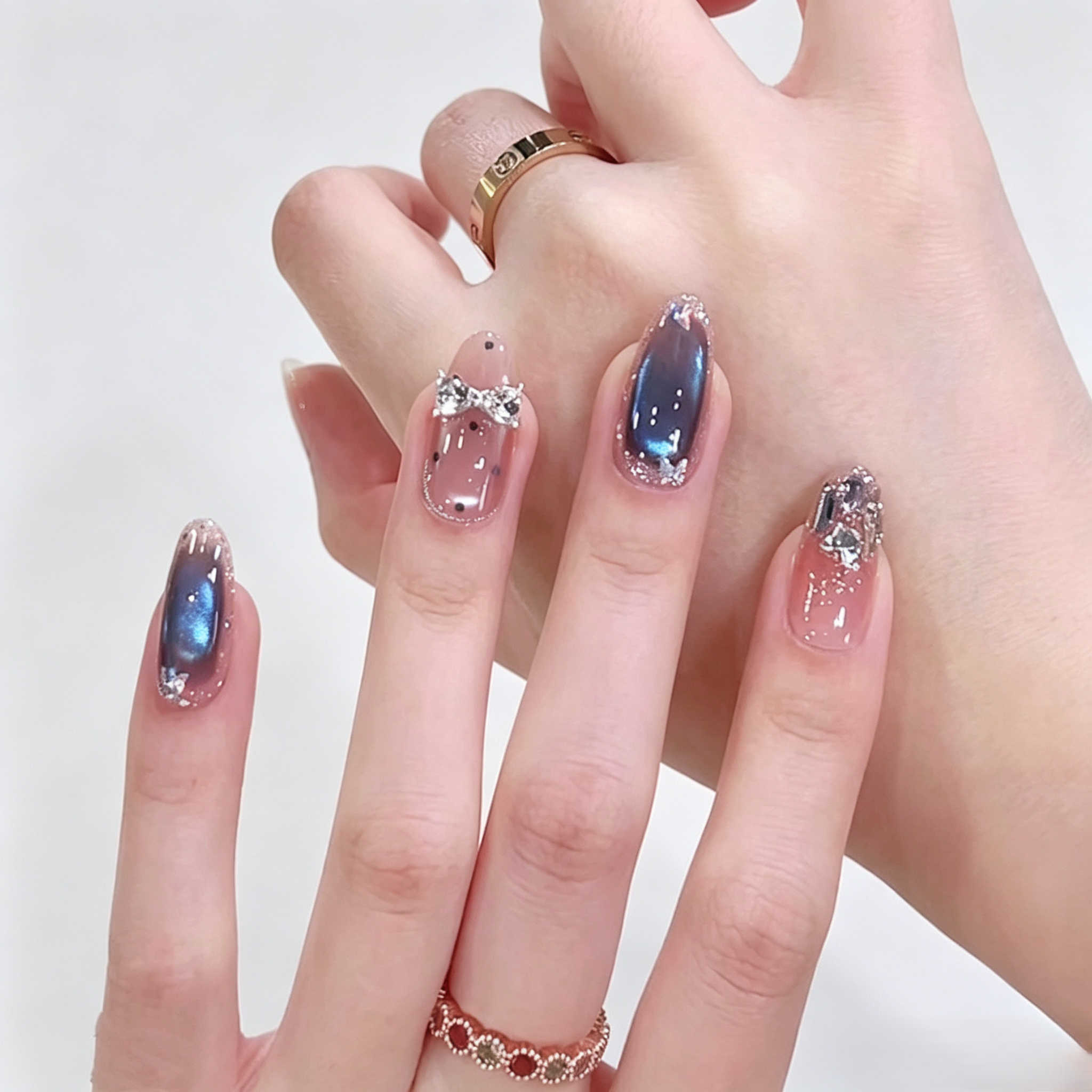 Blue Cat Eye Press On Nails with Bow | Handmade Luxury Gel Set