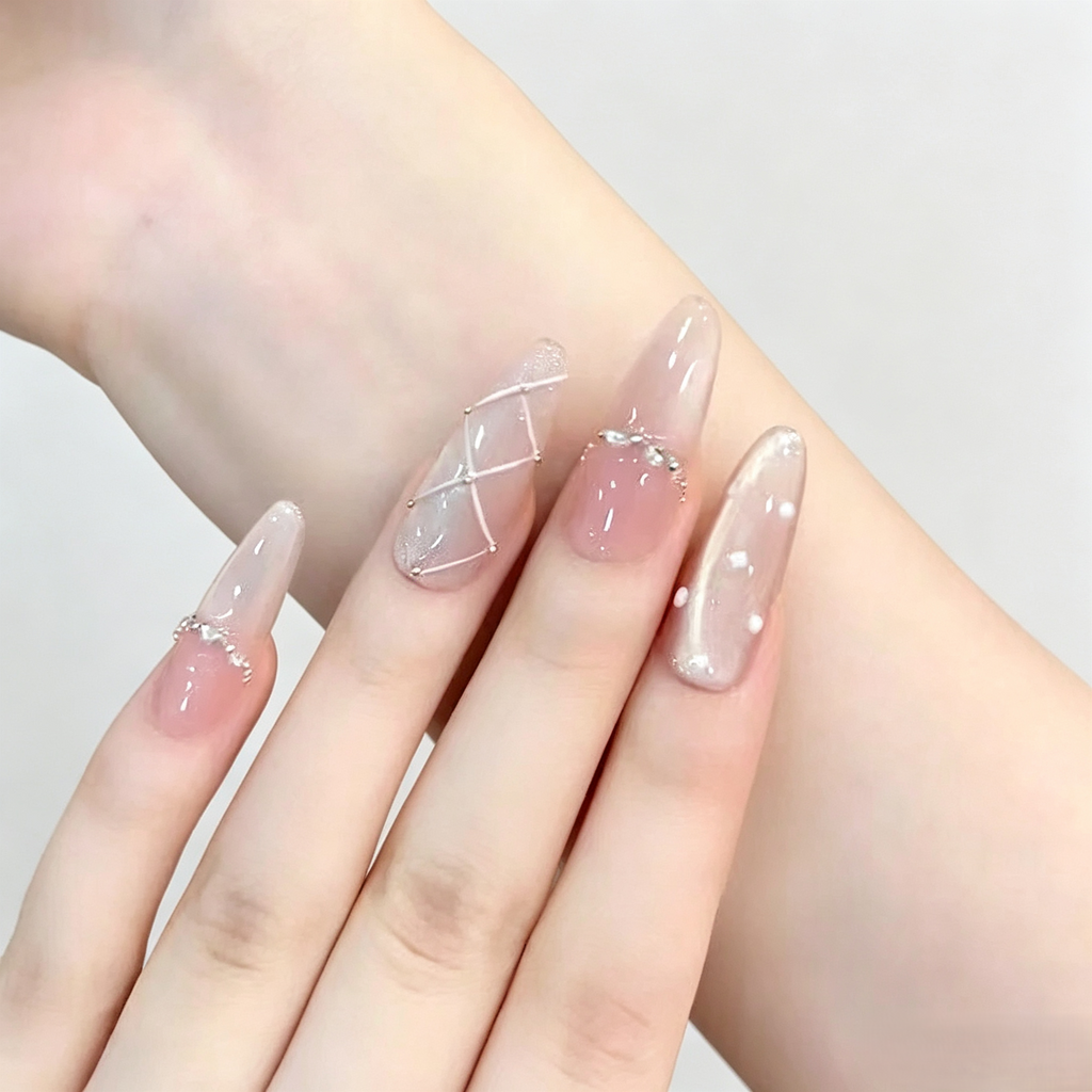 Icy Sheer Cat Eye French Tip Press On Nails | Sparkle Polka Dot Set