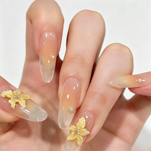 Butter Yellow 3D Floral Press On Nails | Handmade Luxury Set