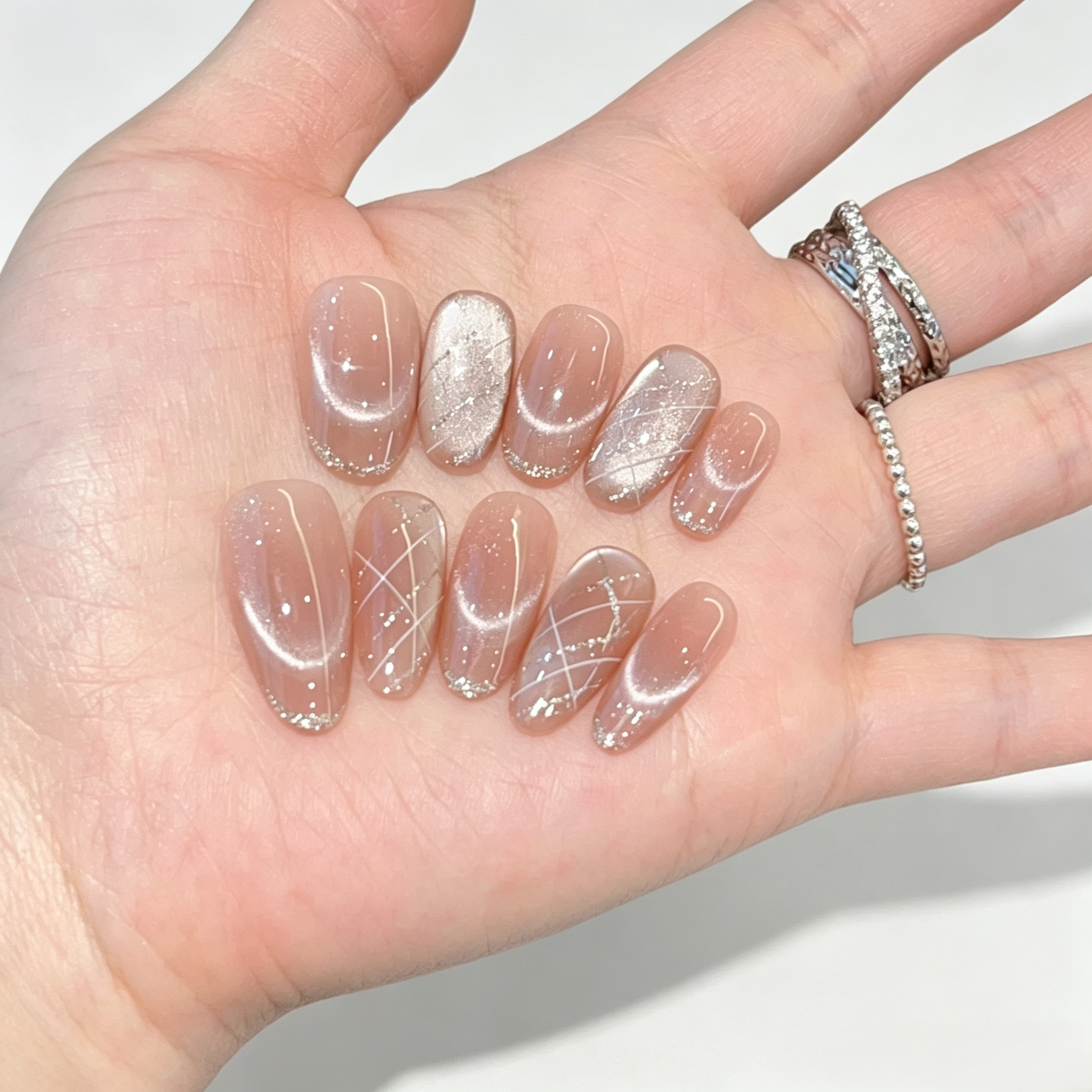 Nude Blush Cat Eye French Tip Press On Nails | Minimalist Handmade Set
