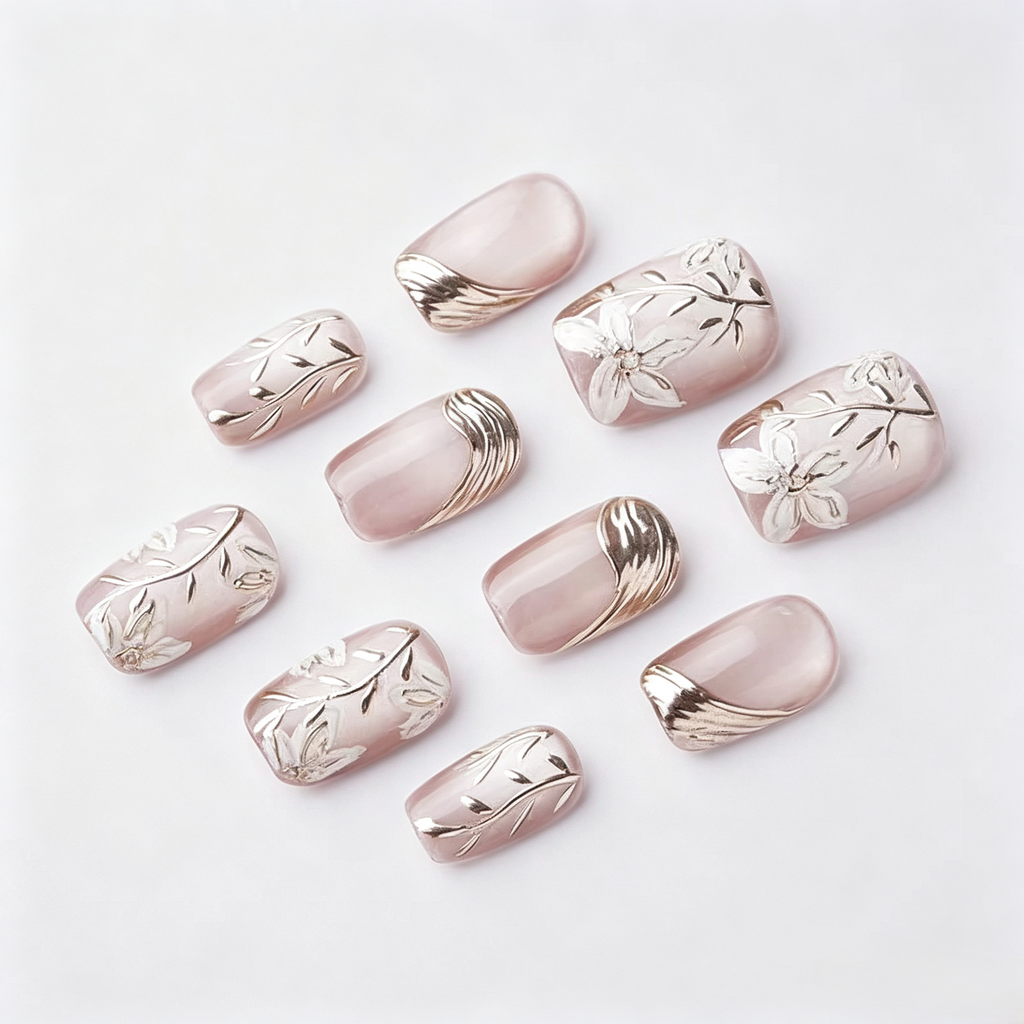Gold Rose Cat Eye Press On Nails | Ice Crystal 3D Hand-Painted Set