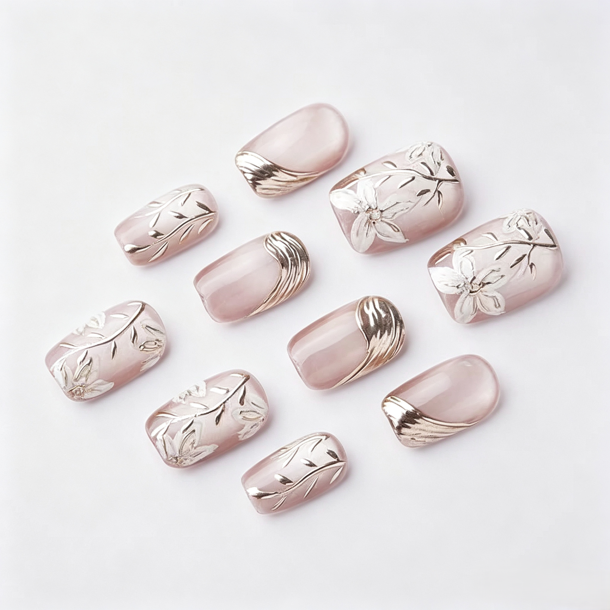 Gold Rose Cat Eye Press On Nails | Ice Crystal 3D Hand-Painted Set