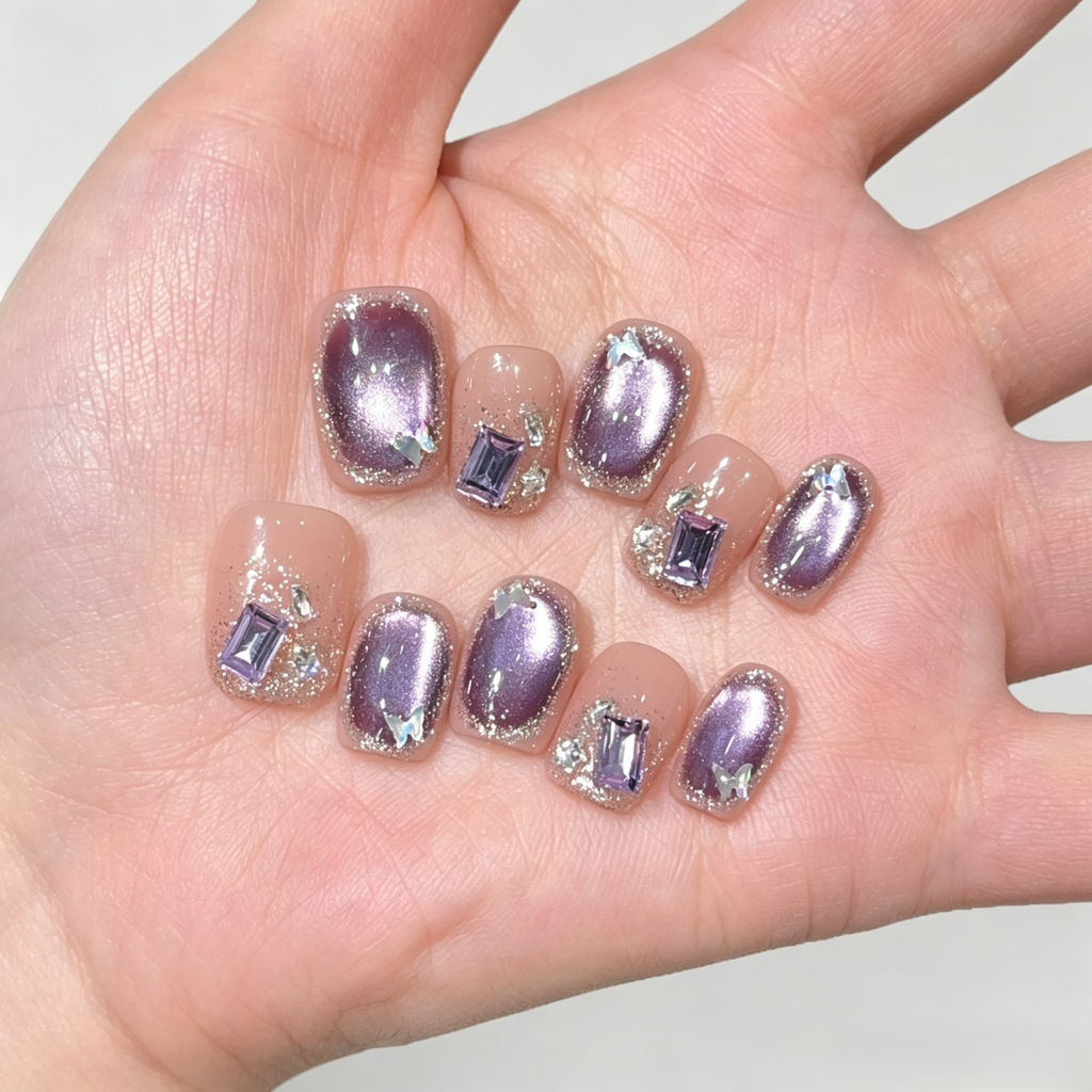 Purple Sparkle Cat Eye Press On Nails | Handmade Chrome Glitter Set