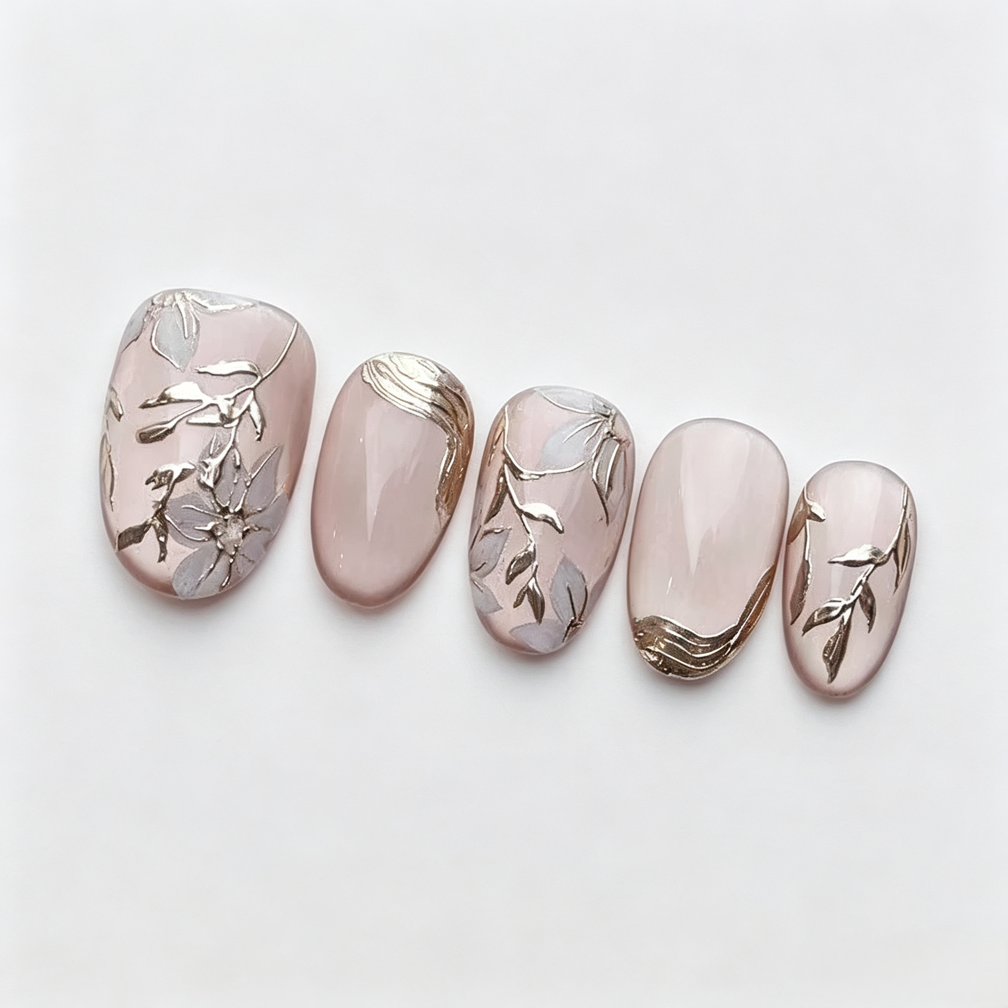 Gold Rose Cat Eye Press On Nails | Ice Crystal 3D Hand-Painted Set