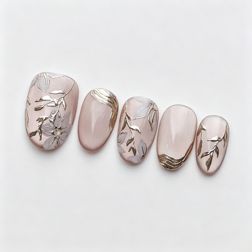 Gold Rose Cat Eye Press On Nails | Ice Crystal 3D Hand-Painted Set