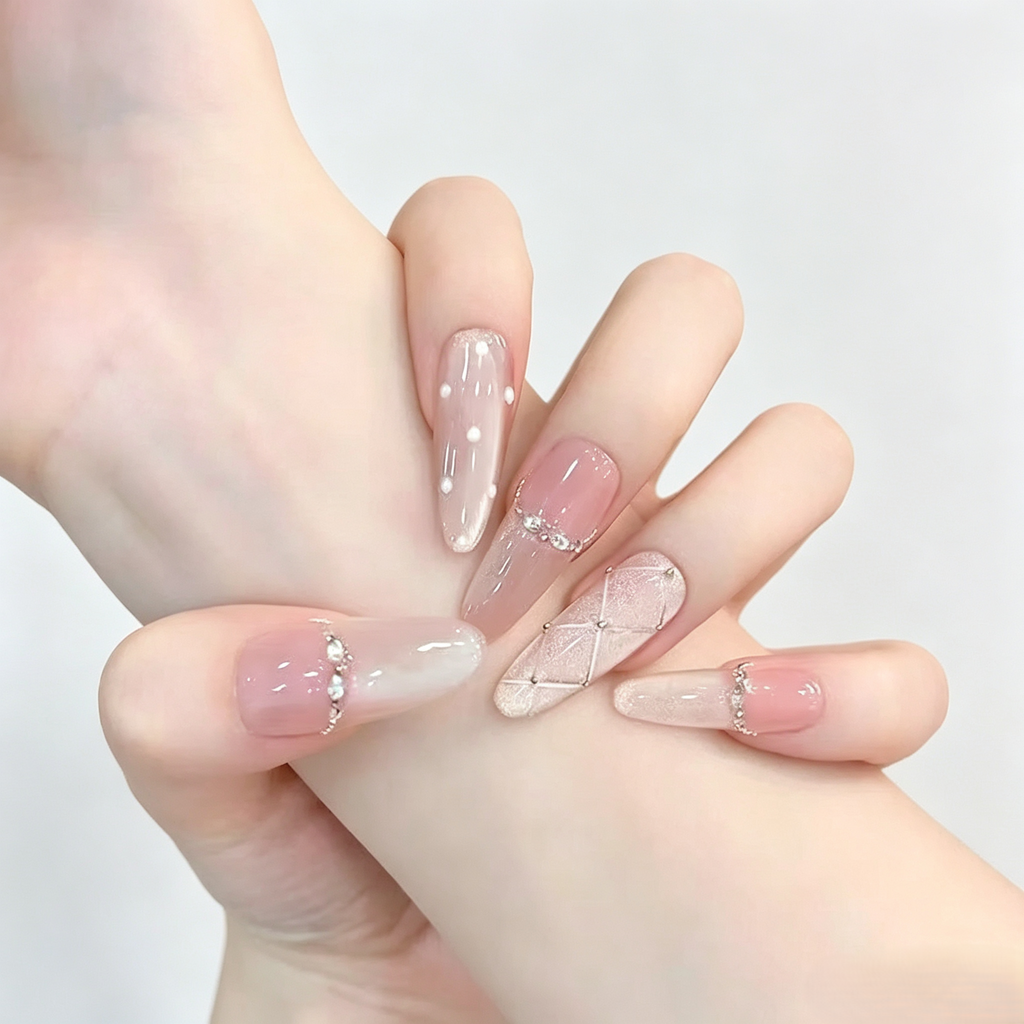 Icy Sheer Cat Eye French Tip Press On Nails | Sparkle Polka Dot Set