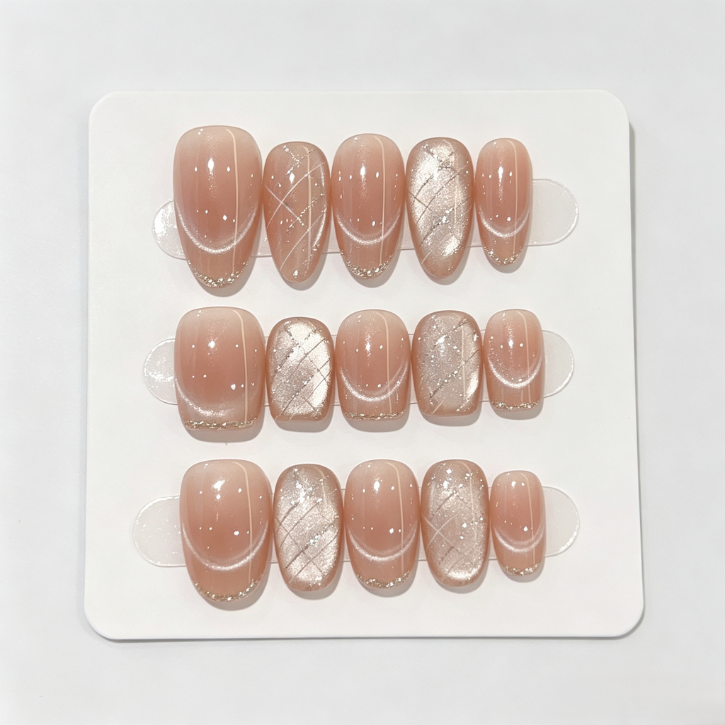 Nude Blush Cat Eye French Tip Press On Nails | Minimalist Handmade Set