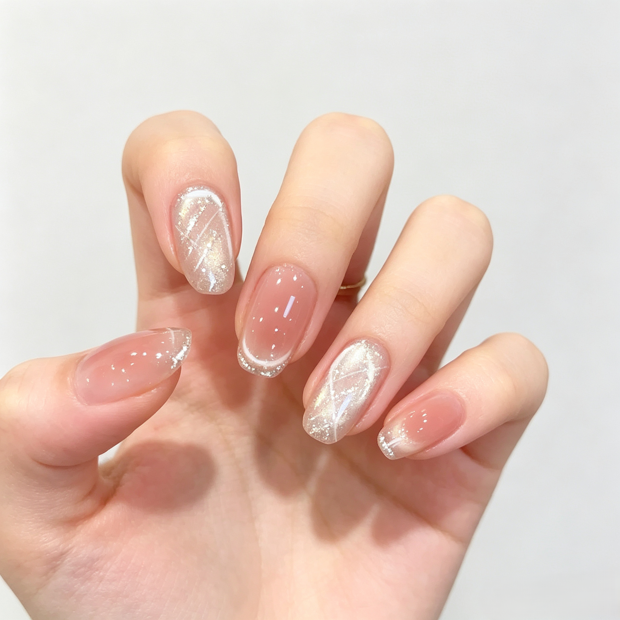Nude Blush Cat Eye French Tip Press On Nails | Minimalist Handmade Set