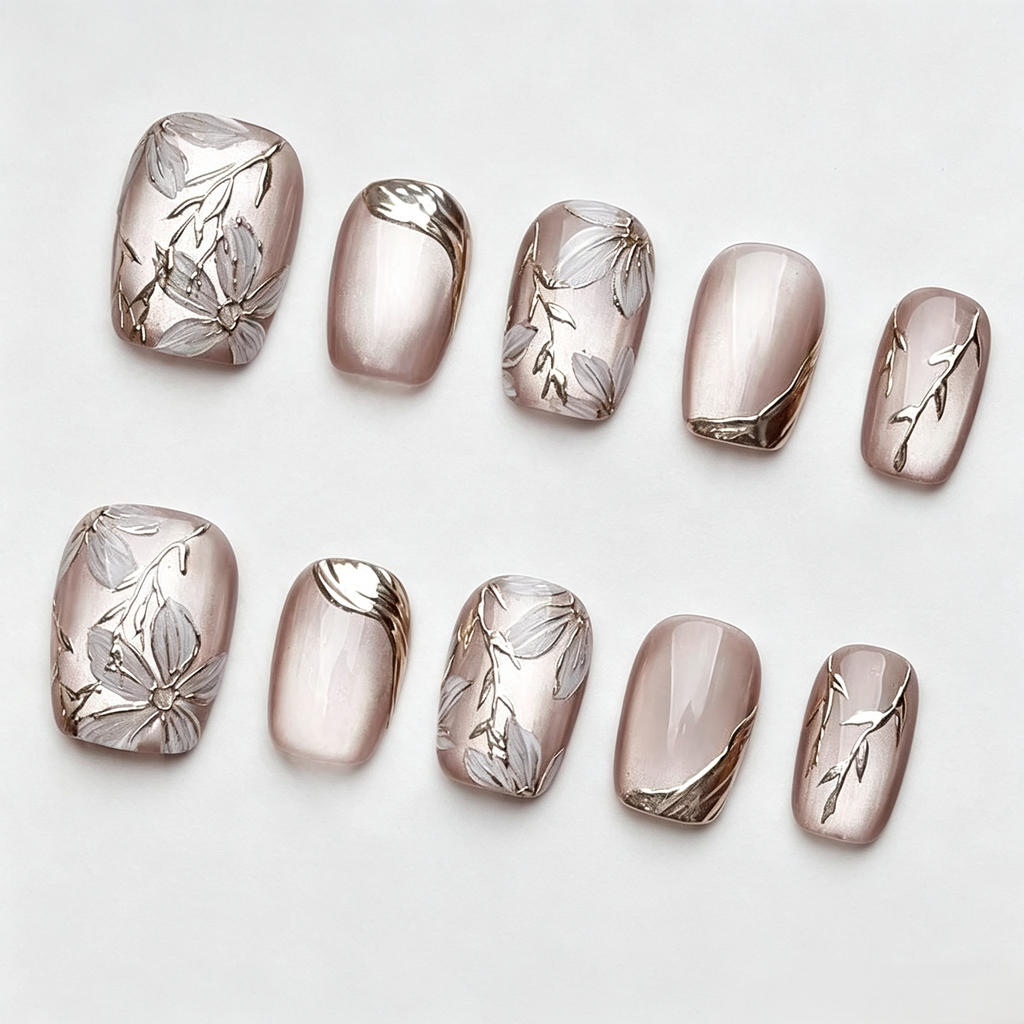 Gold Rose Cat Eye Press On Nails | Ice Crystal 3D Hand-Painted Set