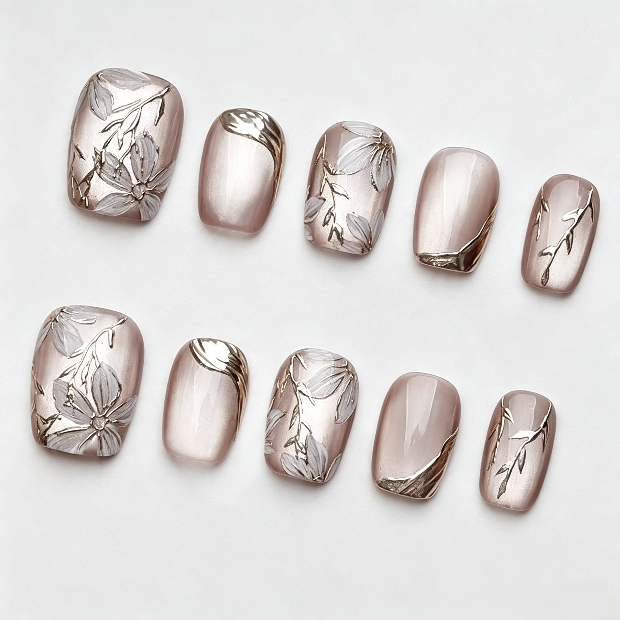 Gold Rose Cat Eye Press On Nails | Ice Crystal 3D Hand-Painted Set