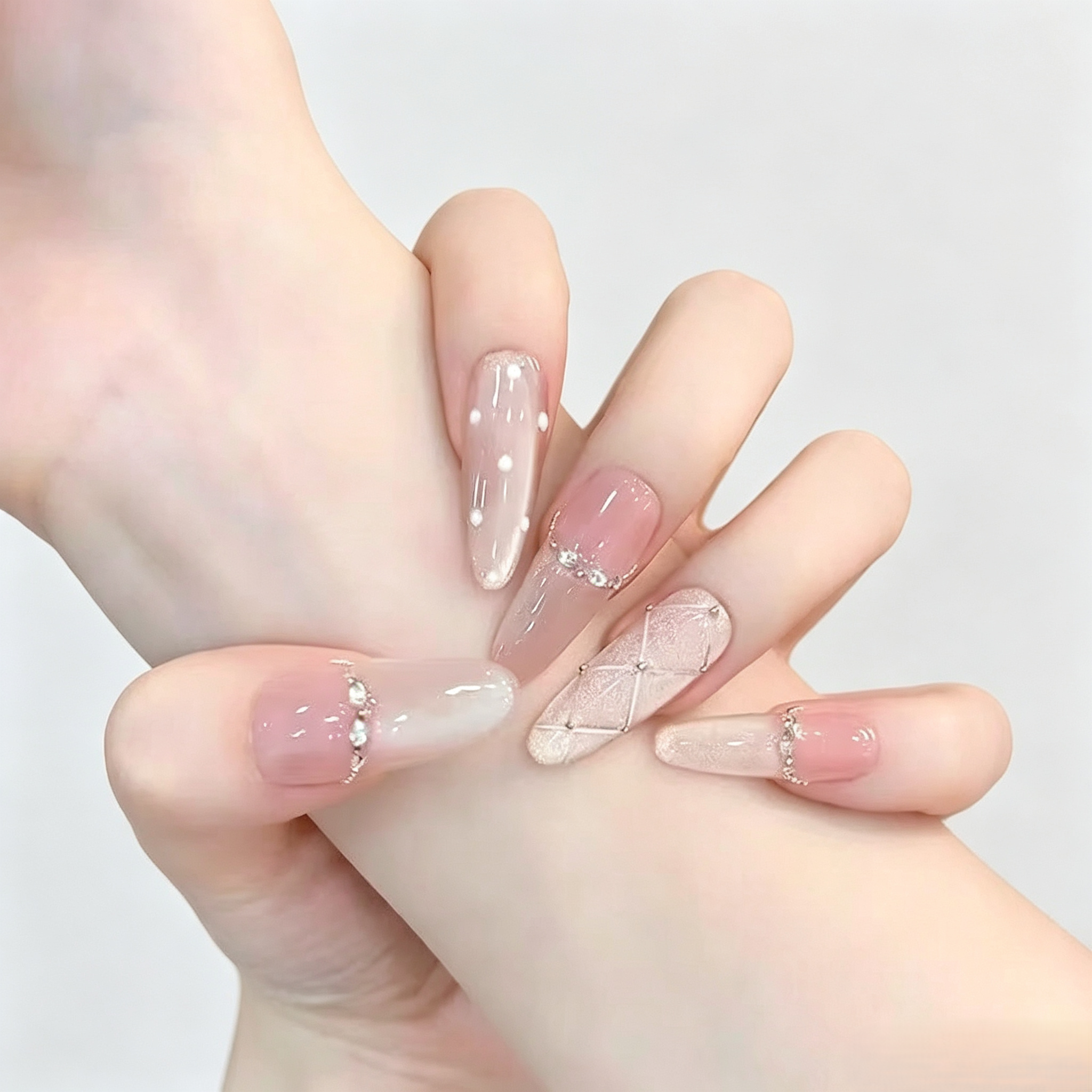 Icy Sheer Cat Eye French Tip Press On Nails | Sparkle Polka Dot Set