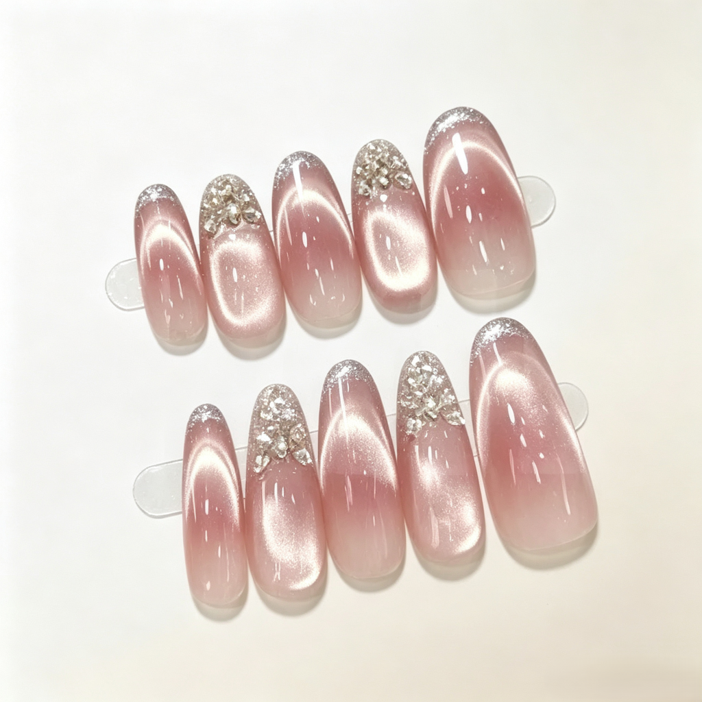 Handmade Nude Press On Nails | Glass Pearl Luxury Reusable Set