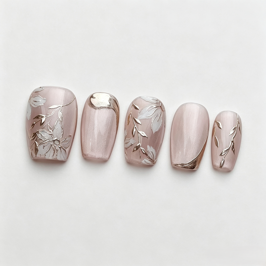 Gold Rose Cat Eye Press On Nails | Ice Crystal 3D Hand-Painted Set
