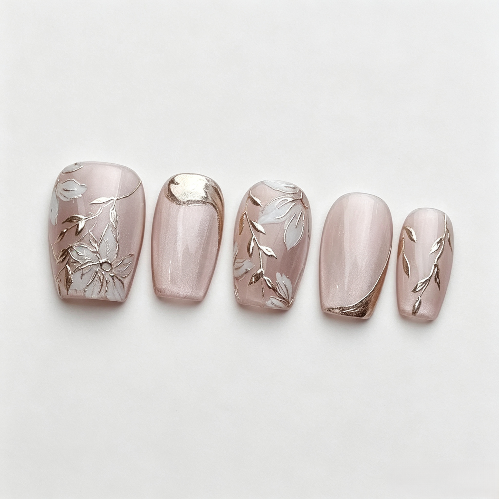 Gold Rose Cat Eye Press On Nails | Ice Crystal 3D Hand-Painted Set