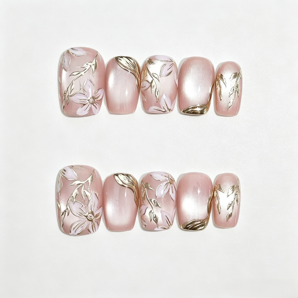 Gold Rose Cat Eye Press On Nails | Ice Crystal 3D Hand-Painted Set