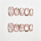 Gold Rose Cat Eye Press On Nails | Ice Crystal 3D Hand-Painted Set