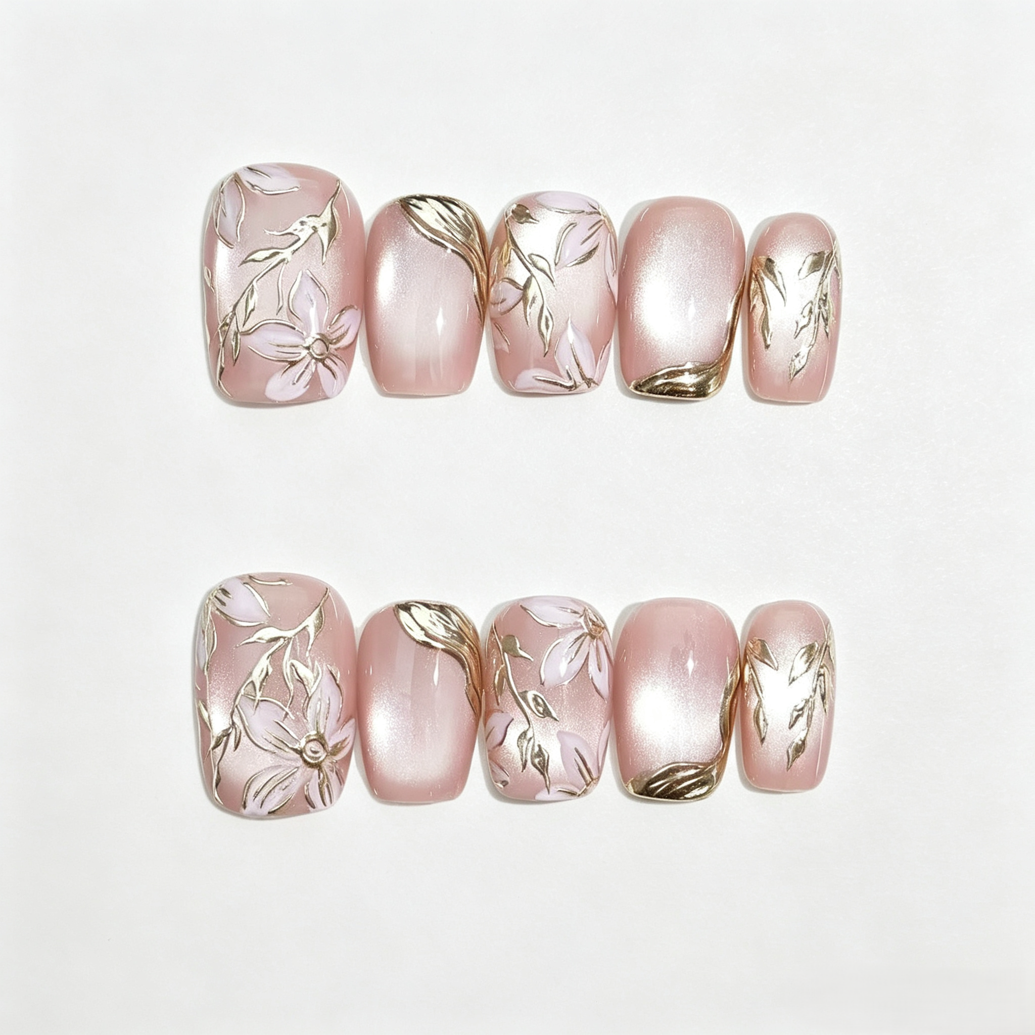 Gold Rose Cat Eye Press On Nails | Ice Crystal 3D Hand-Painted Set